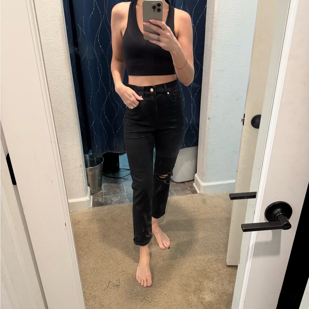 Express Black Straight-Leg Jeans with Subtle Knee Rip